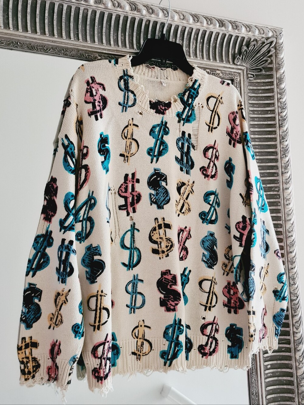 R13 Dollar Sign Oversized Distressed Cotton Sweater Off-White Size S Org $495 - Picture 7 of 16